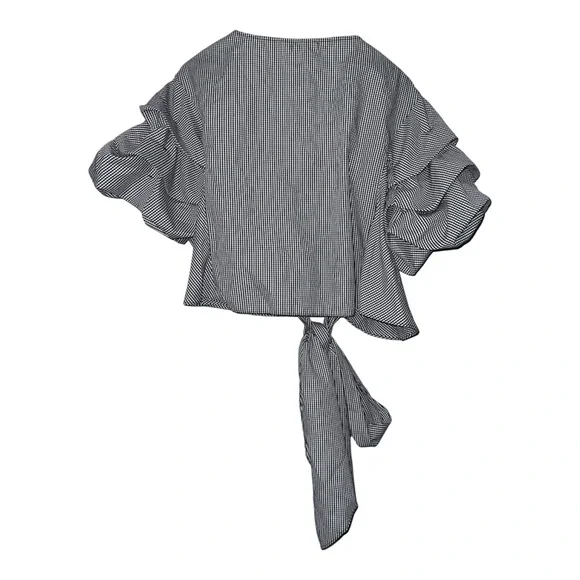 NWT Farrow Women Puffer sleeve top gingham plaid black white wrap tie Size S - Picture 5 of 5